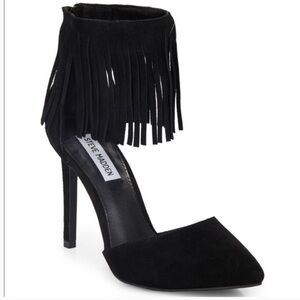 Steve Madden Black Heels Size 7 Suede Fringe Pointed Toe Stiletto Memoo